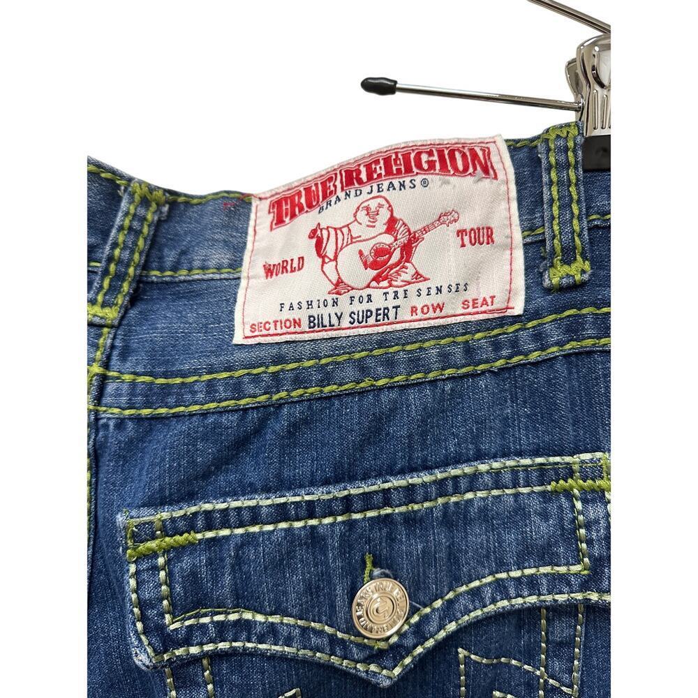 Authentic True Religion Mens Jeans Green Stitch y2k Medium Wash Size 40 FLAWED - Picture 2 of 15